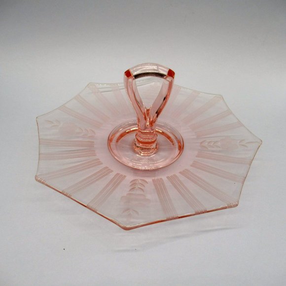 Pink Depression Glass Center Handle Octagon Tray Pastry Server Floral Etched - Picture 7 of 9
